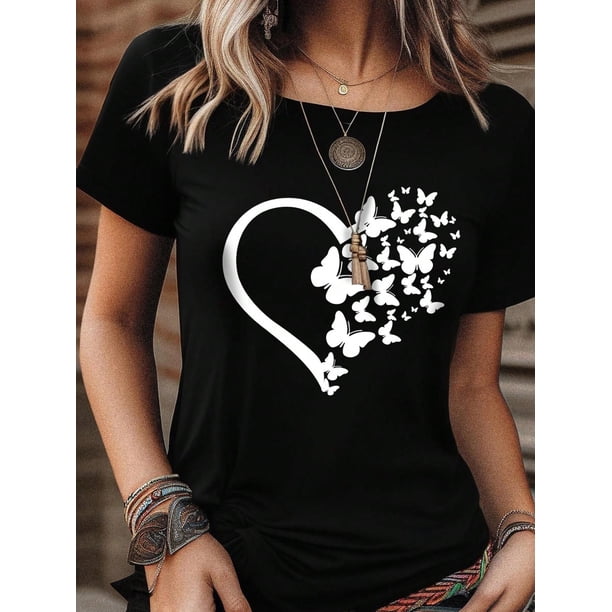 Women's Heart & Butterfly Print T-Shirt Graphic Tees Women Tops