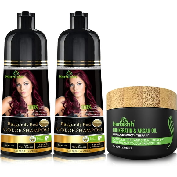 Combo Pack-2pcs Herbishh Shampooing de Couleur de Cheveux + 1pc Argan Masque de Cheveux Intense - Shampooing de Teinture de Cheveux - 500 ml - Stimule les Cheveux Crépus Secs (Burgundy) pour les Cheveux Gris