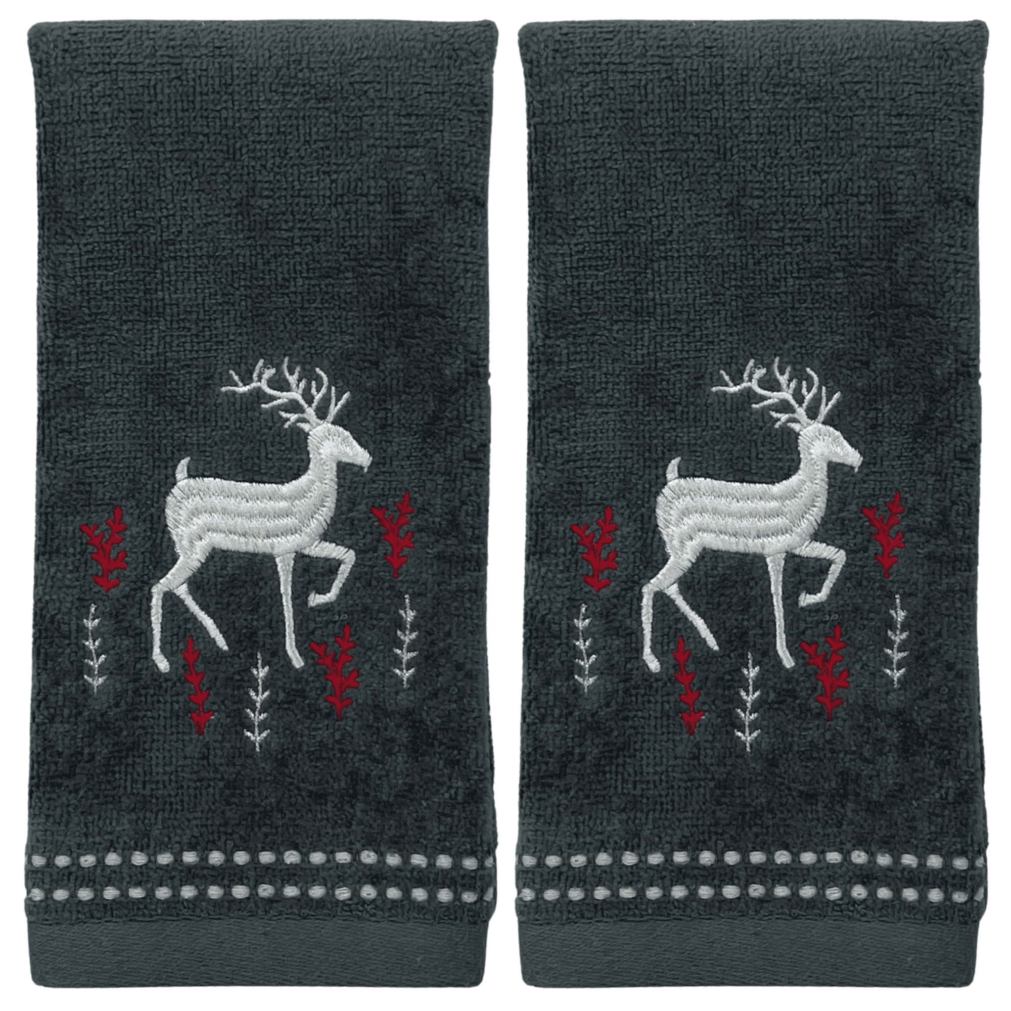 Serafina Home Christmas Bathroom 4 pc Set, 2 fingertip (12" x 18"), 2 Hand Towels (16" x 25) Noble Buck Deer Embroidered on Dark Grey Cotton Towels