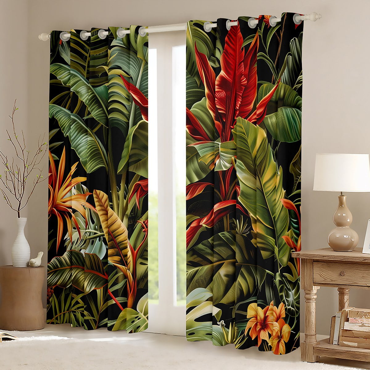 Green Leaf Plant Curtains,Tropical Botanical Leaves Curtains 30%-50% Blackout Adults,Jungle Forest Palm Leaf Curtains Hawaiian Style Nature Theme Window Curtains 2 Panels 52"Wx63"L