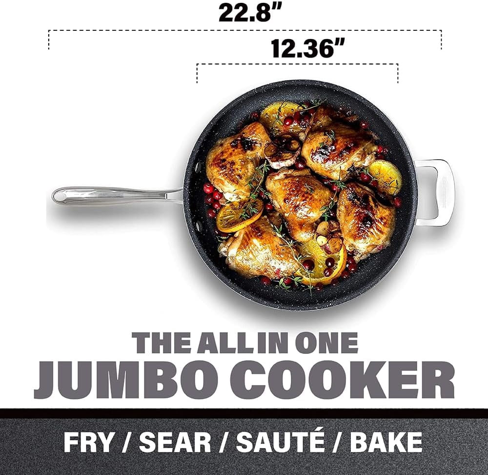 Granitestone Jumbo Cooker with Lid, Nonstick Triple Coated Surface, Family Sized Open Skillet with Stainless Steel Stay Cool & Helper Handle, Oven and Dishwasher Safe