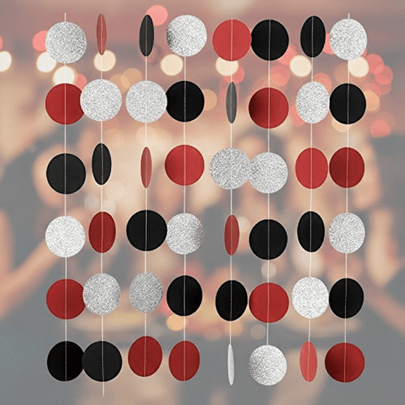 Vibrant Red Black Silver Glitter Paper Garland with Circle Dot Streamers, 20 Ft Party Banner Backdrop Hanging Decorations, 2.5 Inch Diameter