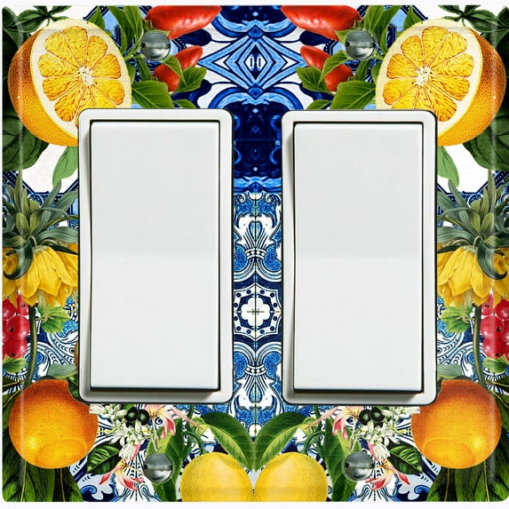 Metal Light Switch Plate Cover Elegant Floral Fruit Blue Tile Pattern TIL018