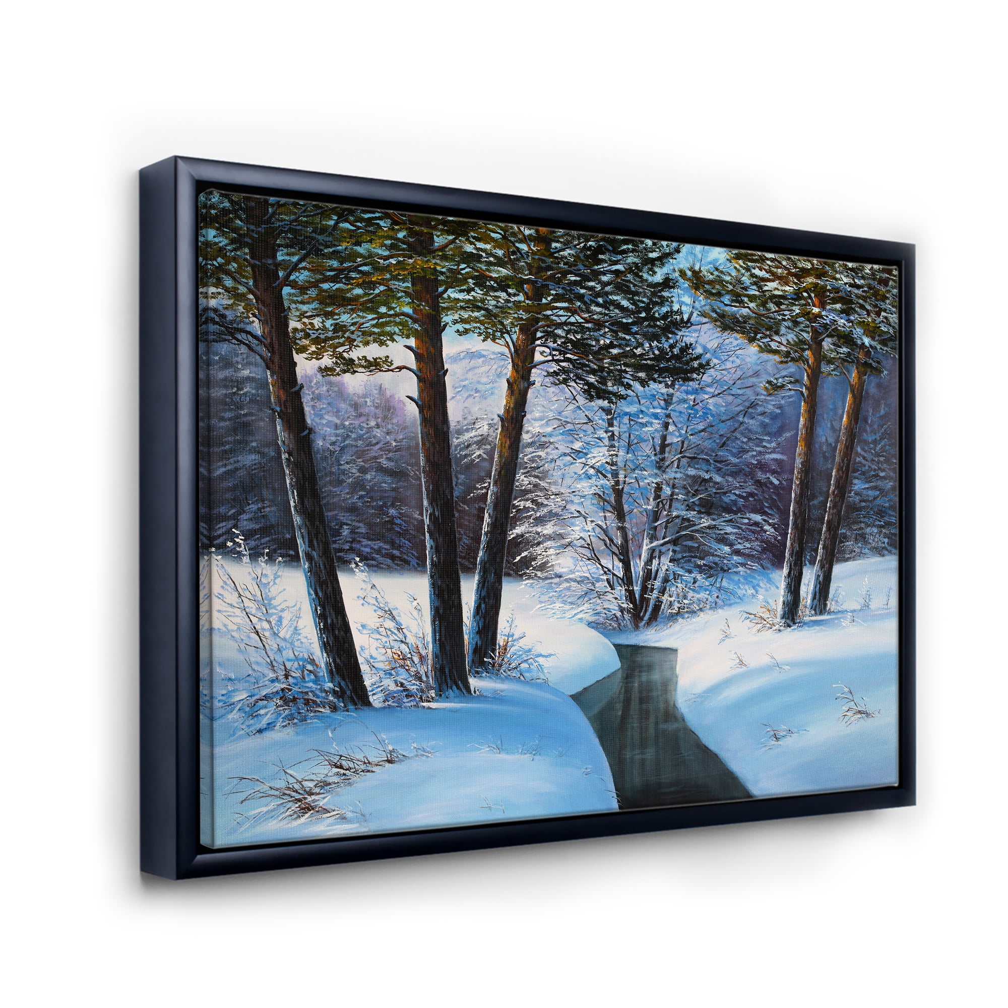 Designart 'Christmas Forest With Trees and River III' Traditional Framed Canvas Wall Art Print