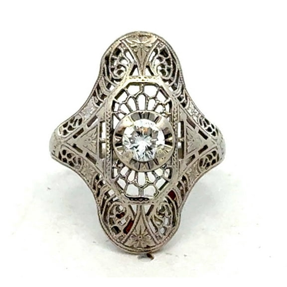 Art Deco Open Work Filigree Diamond Ring, Navette Diamond Engagement Ring, Antique Solitaire Diamond Ring, Engraved Ring, 925 Sterling Silver, 1.5 Simulated Diamond, Gift Ring