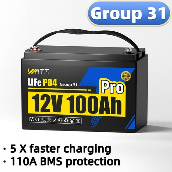 WattCycle 12V 100Ah LiFePO4 Lithium Battery Group 31 Battery w/ PRO 110A BMS&Low-Temp Protection for Marine/RV/Solar Storage/Camping/Trolling Motor/Off-Grid/Home Backup Power/Boat, 15000 Deep Cycles