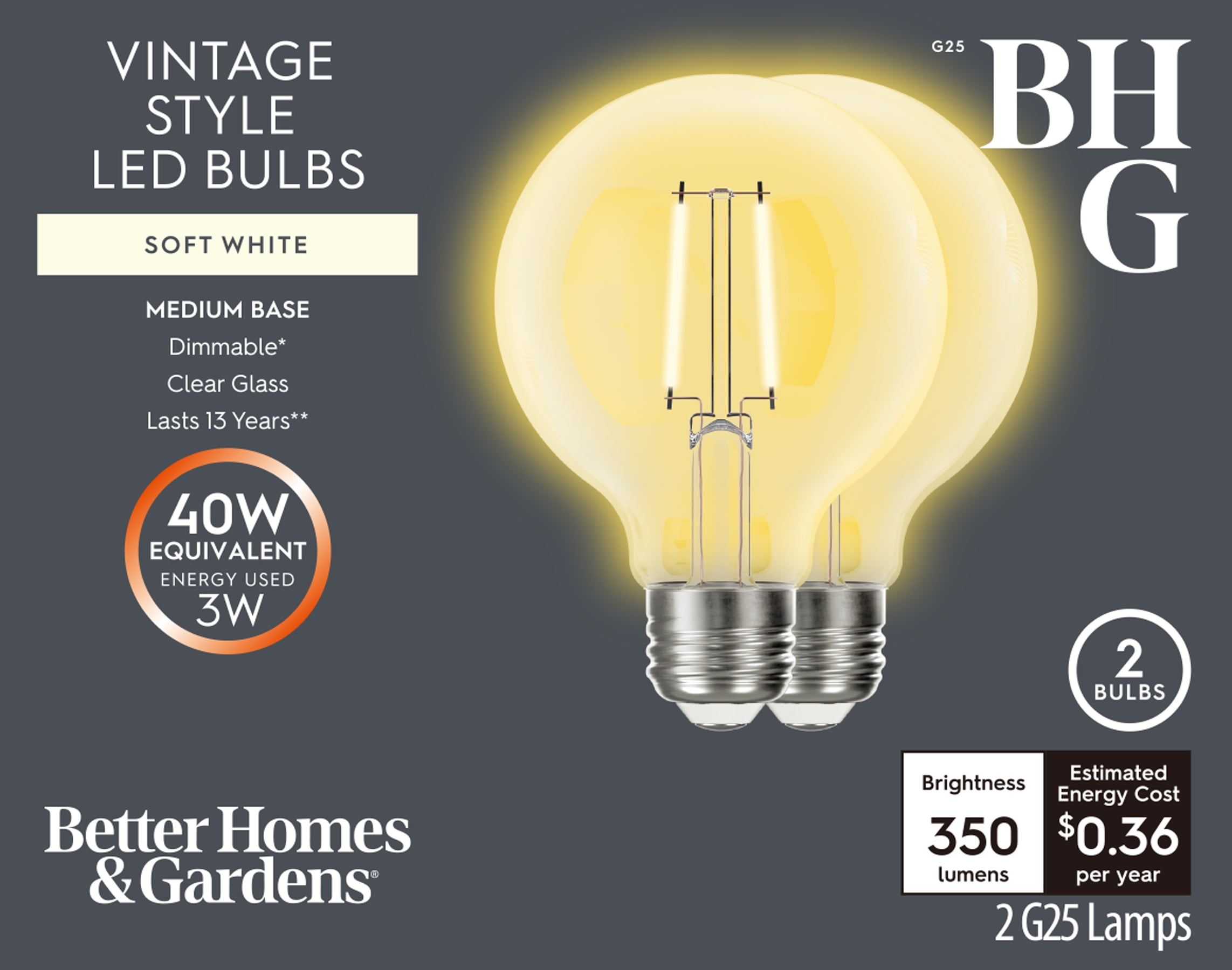 (2 pack) BH&G LED Bulb, 3-Watt (40W Equivalent) G25 Vintage Style, E26 Base, Dimmable, Soft White, 2-Pack