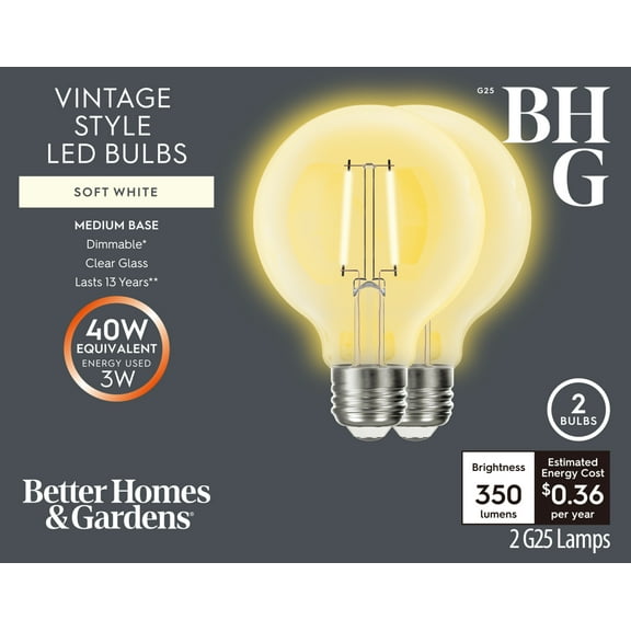 BH&G LED Bulb, 3-Watt (40W Equivalent) G25 Vintage Style, E26 Base, Dimmable, Soft White, 2-Pack