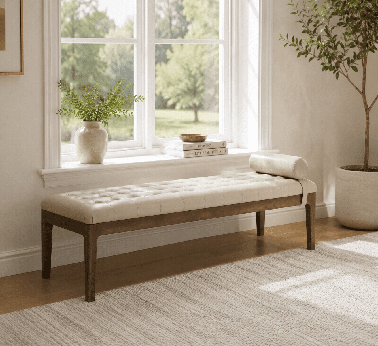 Aukfa 66" Upholstered Faux Leather Bedroom Bench with Button Tufted Design and Bolster Pillow,Solid Rubberwood,Taupe
