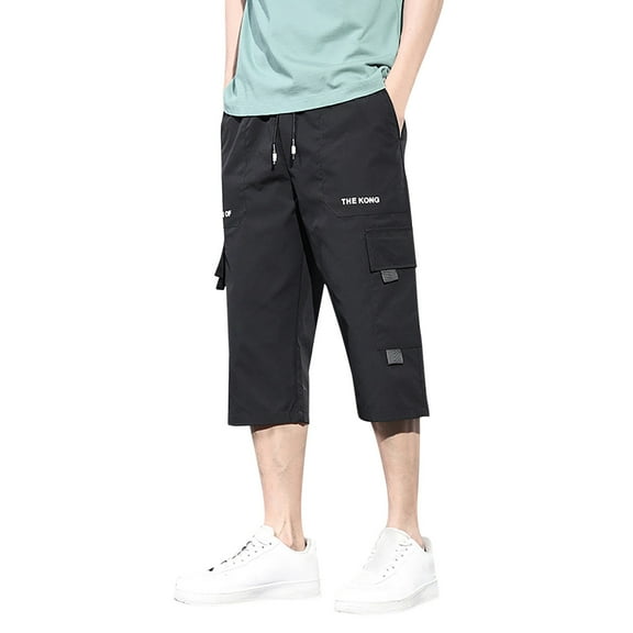 XDZJLR Mens Shorts Over The Knee Elasticated Pocket Slacks Knee Length Short Pants Black L