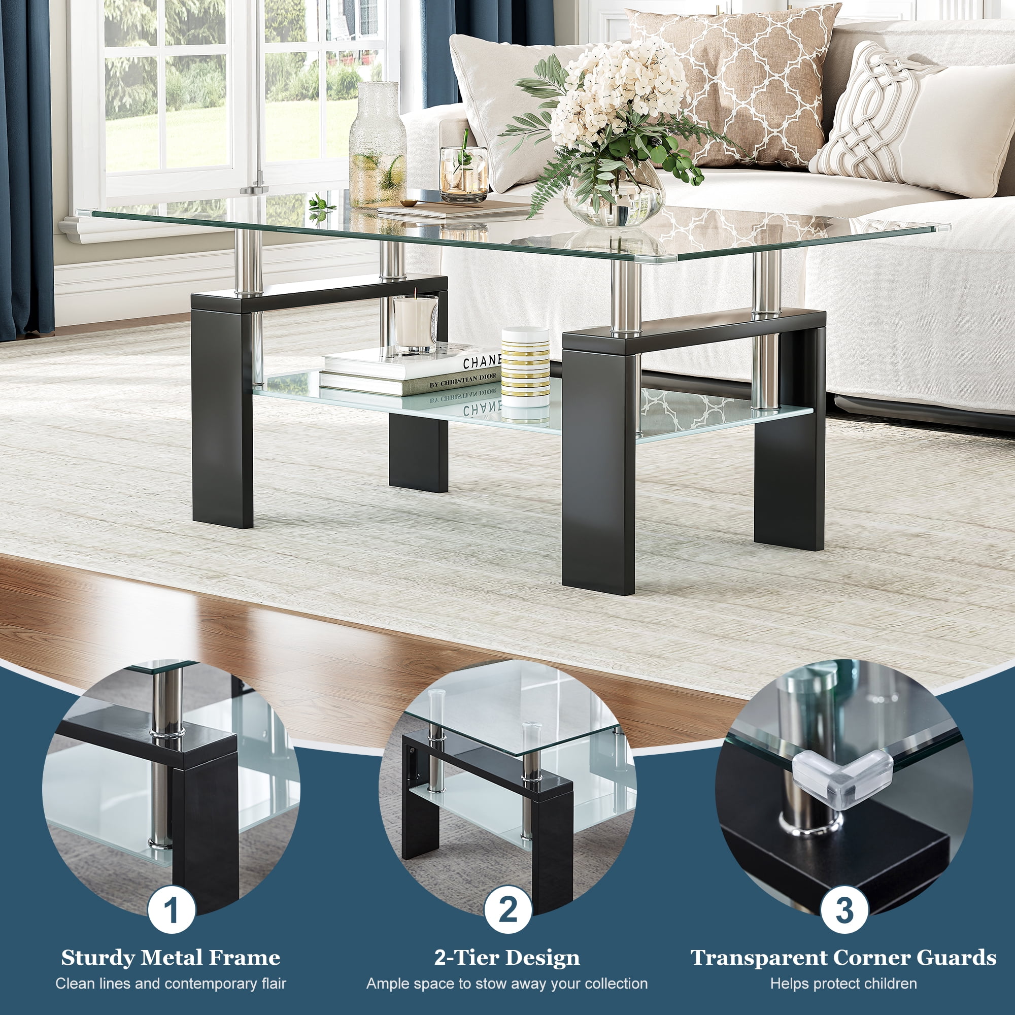 Rectangle Glass Coffee Table, 37.2"  2-Tier Modern Tea Table with Storage Shelf for Living Room