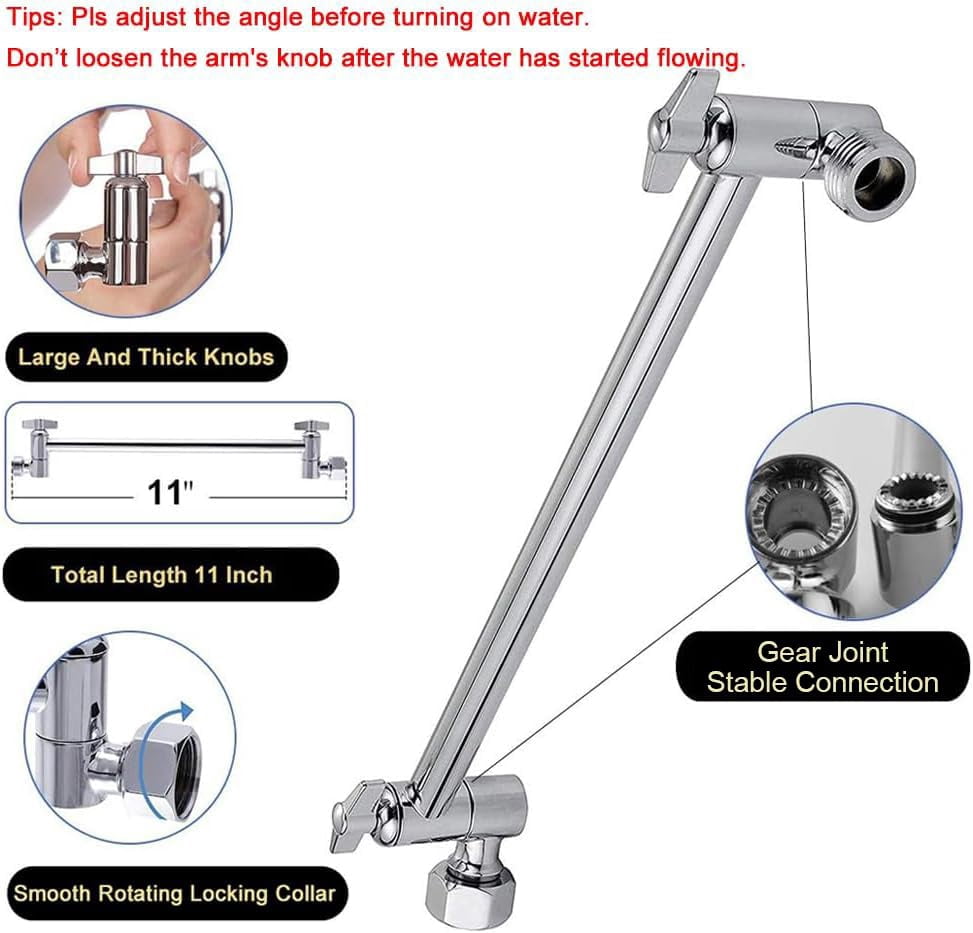 Rain Shower Head with 11 Inch Adjustable Arm, High Pressure Stainless Steel Rainfall Shower, Ultra-Thin Design, Pressure Boosting Chrome Finish