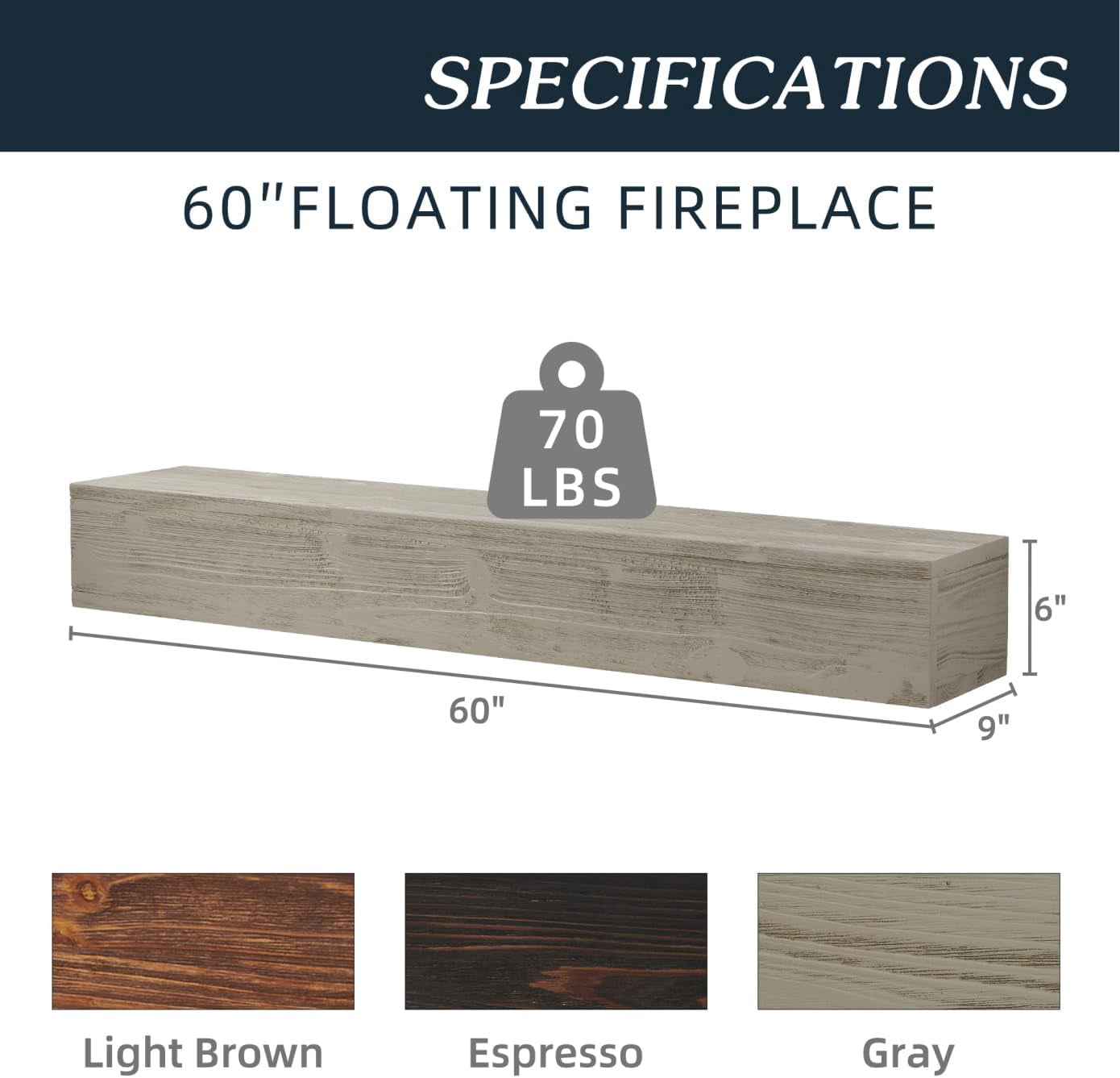 60" Rustic Wood Fireplace Mantel, Wall-Mounted & Floating Shelf for Home Wall Decor, Rustic Cedar Wood Floating Farmhouse Shelf Handcrafted Wall Mounted for Bathroom, Gray