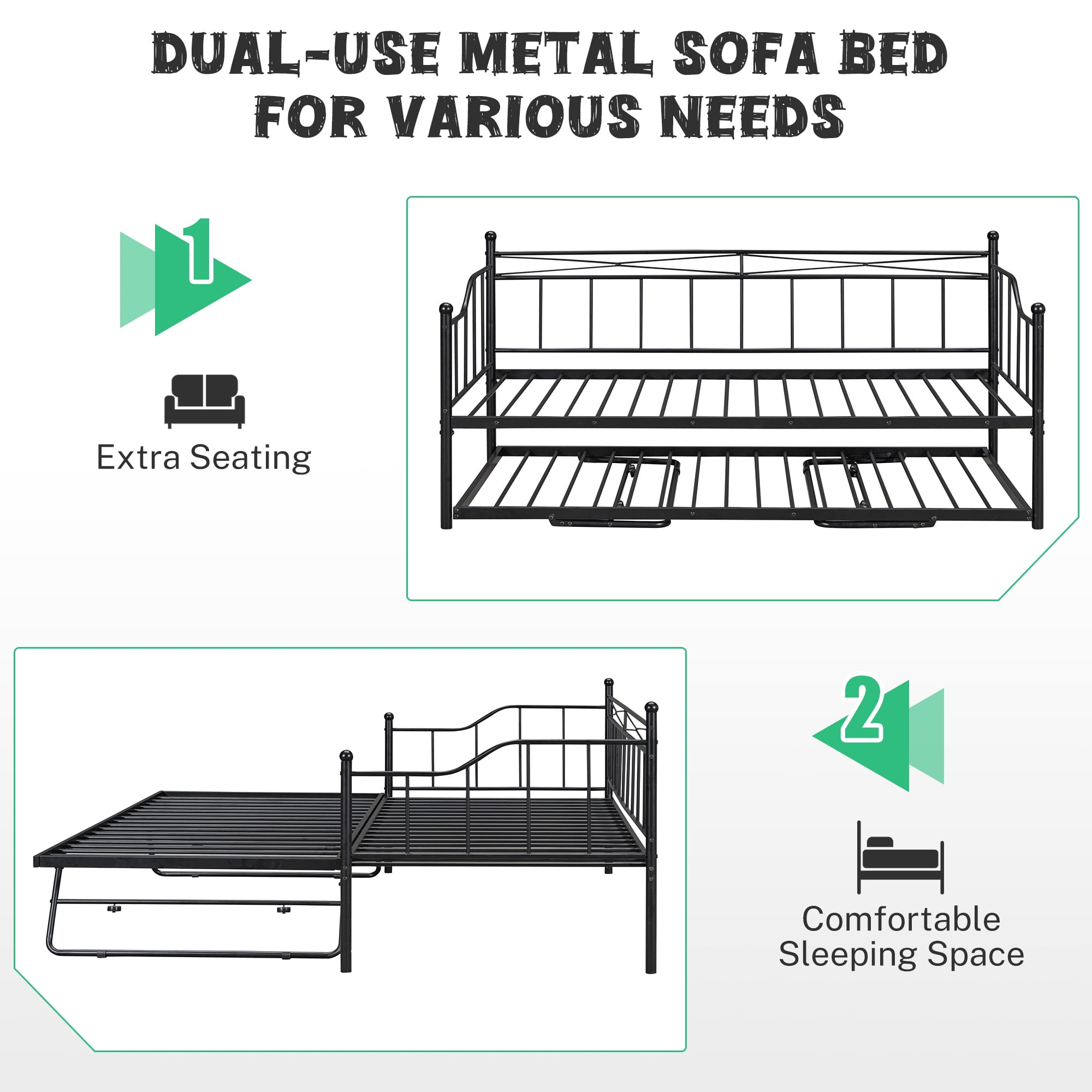 PAPROOS Daybed with Trundle Included, Twin Size Metal Daybed Frame with Pull out Trundle Bed, No Box Spring Needed, Black