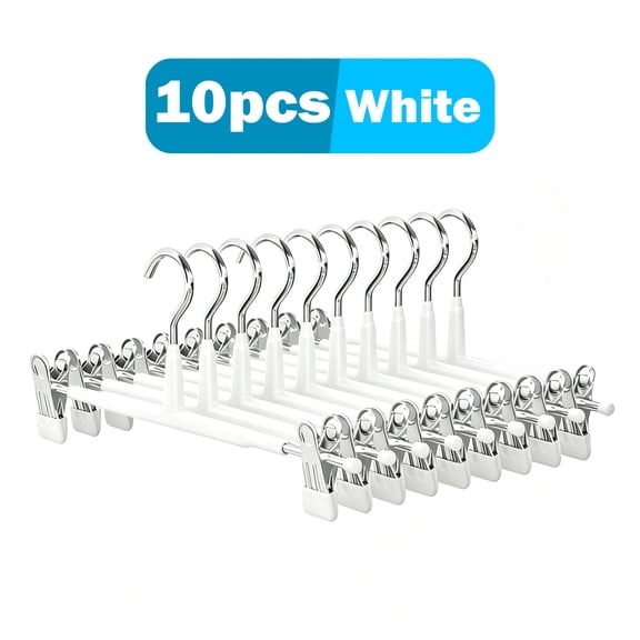 10 12inch stainless steel adjustable white pants hangers, suitable for pants, skirts, and children's clothing, space-saving metal hooks, polished surface, durable coated clips ensure secure hold