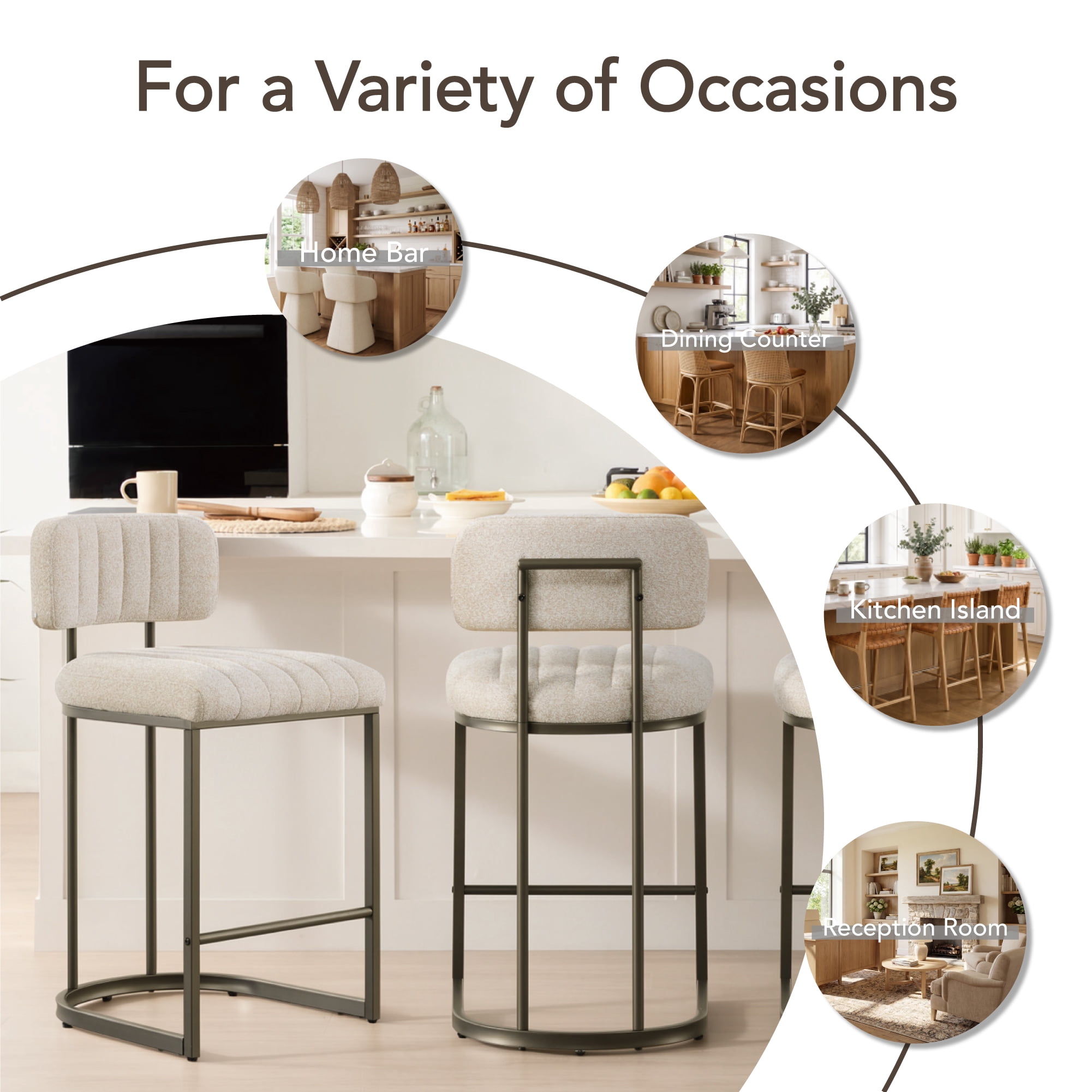 Spruce & Spring 26" Fixed Counter Height Bar Stools Set of 3, Upholstered Counter Chairs with Curved Back & Channel Tufting, Metal Base for Kitchen Island & Home Bar, Sand Fabric