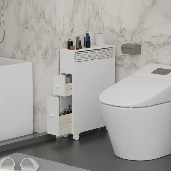 MASAKA B&W Movable Bathroom Storage Cabinet with 2 Drawers and Shelf, Toilet Paper Storage, Corner Shelves, Bathroom Furniture Sets, Side Storage Organizer Toilet