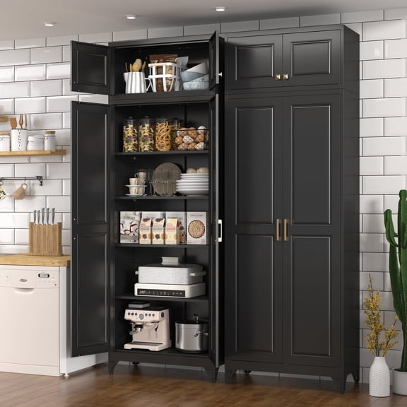 SteeLoong 90"H Black Modern Metal Pantry Storage Cabinet with Doors and 4 Adjustable Shelves for Living Room Kitchen and Home