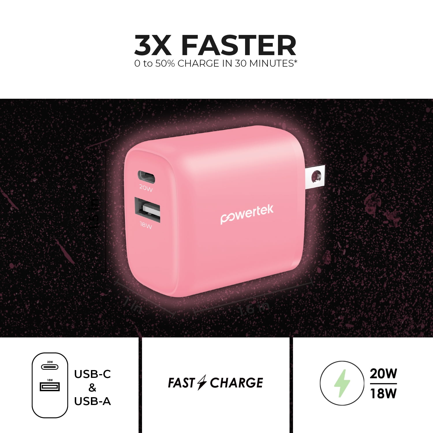 Liquipel Powertek Glow in the Dark 20W Combo Wall Charger - Pink