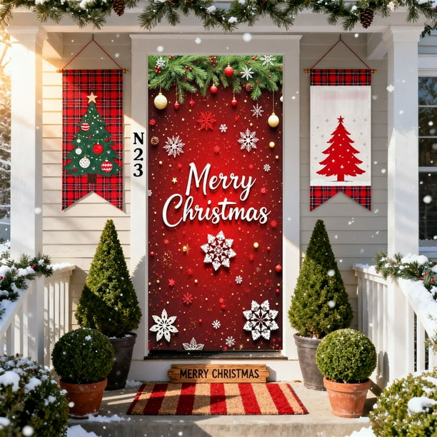 Adorno navideño de bolas multicolor para puerta, pancarta roja y verde de 89 x 180 cm, regalo sorpresa de Navidad, mantel colgante, guirnalda de pino para puerta de entrada, fondo para fotos de porche
