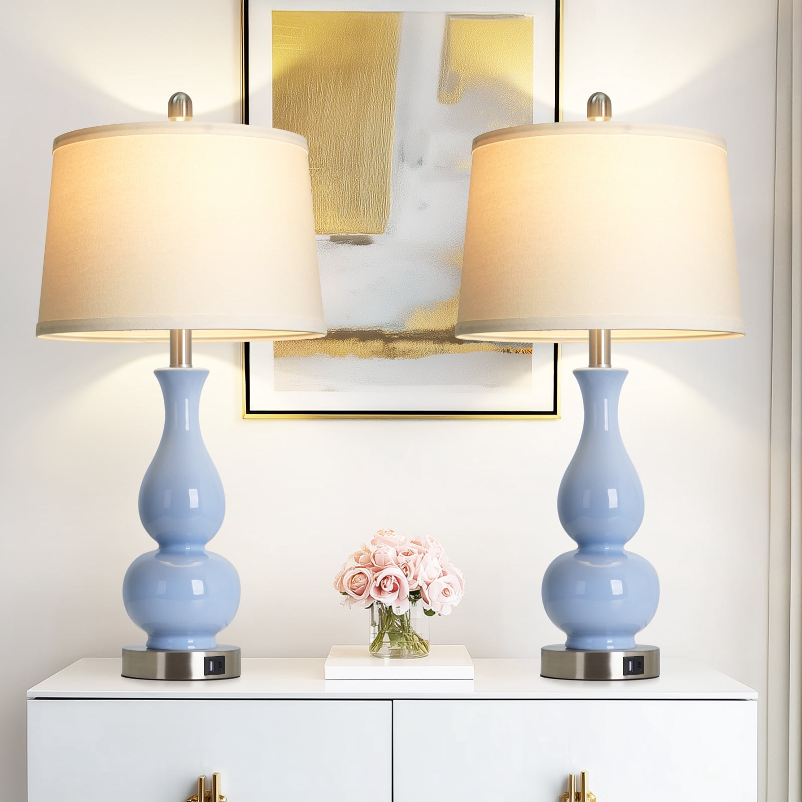 Lolikit Table Lamp Set of 2, Coastal Blue Ceramic Coastal Lamp, 27" Modern Nightstand Bedside Lamp for Living Room Bedroom, Bulbs Included