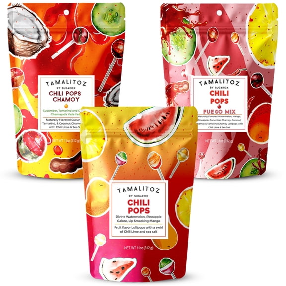 Tamalitoz Chili Pops Variety Original, Chamoy & Fuego Mix Spicy Mexican Lollipops with Chile, Lime & Sea Salt Fruity Handcrafted Candy, Gluten-Free, Kosher, 3 Bags (11oz Each)