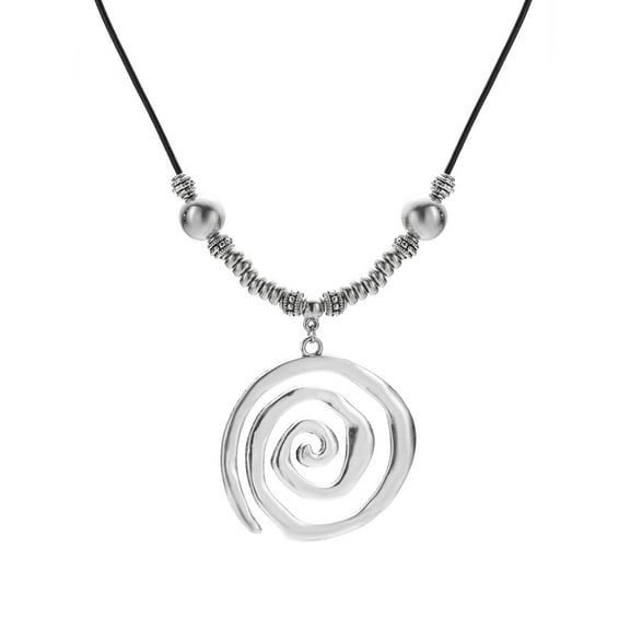 Vintage Spiral Pendant Necklace, Silver Beaded Necklace with Large Celtic Swirl Charm, Black Cord
