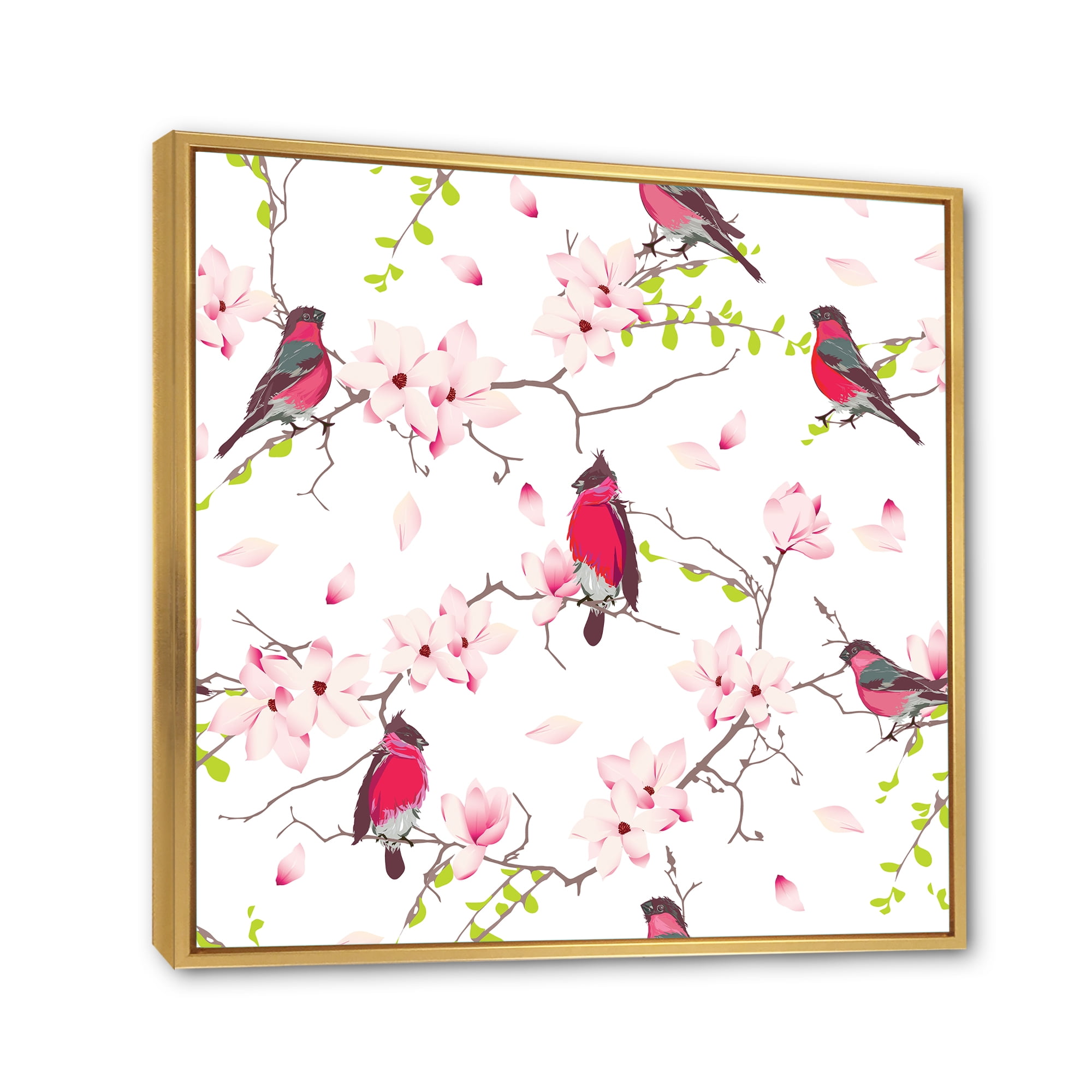 Designart 'Red Bullfinches Sitting On Magnolia Tree' Traditional Framed Canvas Wall Art Print