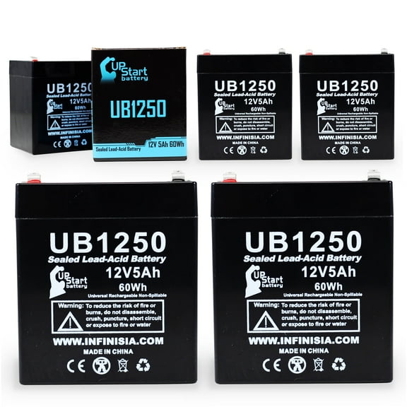 5x Pack - Compatible Technacell 80018 Battery - Replacement UB1250 Universal Sealed Lead Acid Battery (12V, 5Ah, 5000mAh, F1 Terminal, AGM, SLA) - Includes 10 F1 to F2 Terminal Adapters