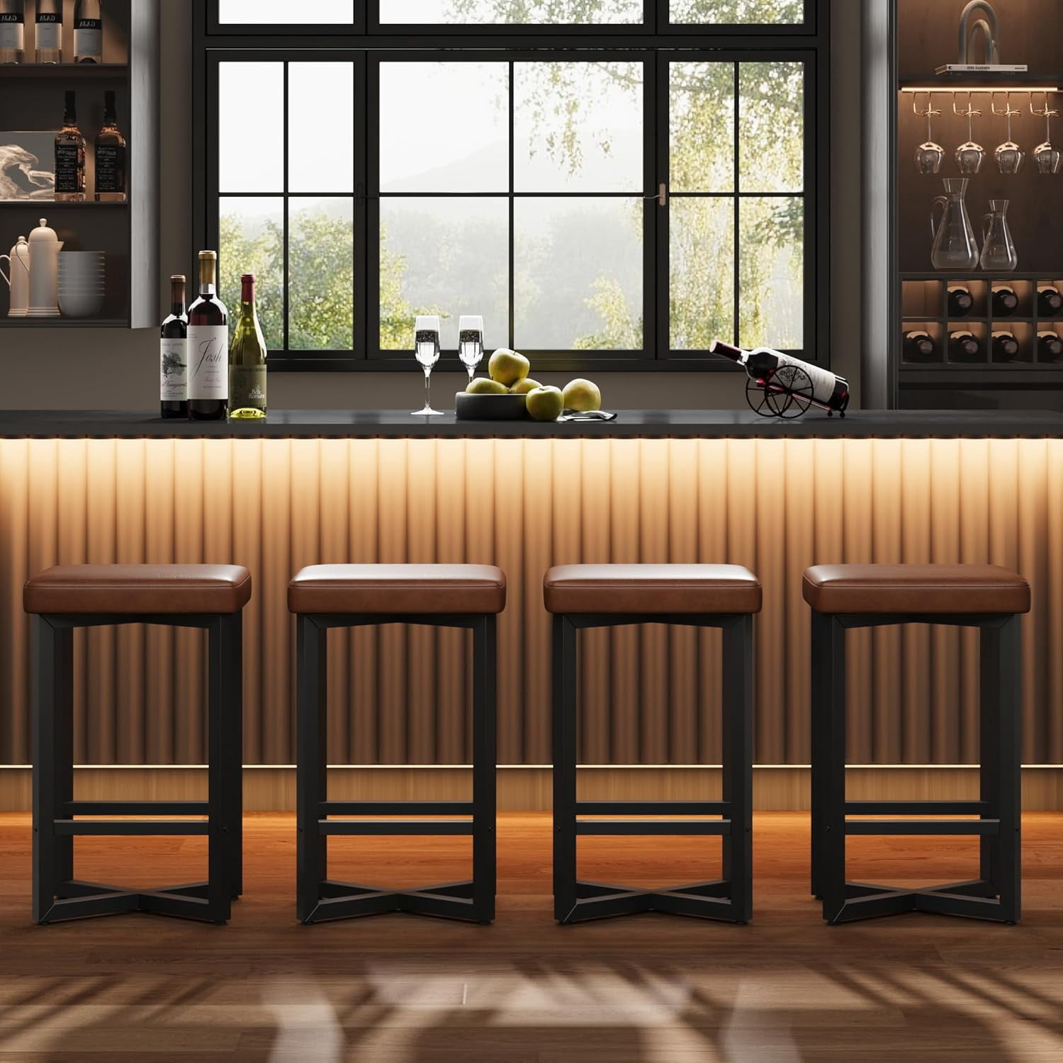 Trilenars Bar Stools Set of 4,24.6" Upholstered Counter Height Bar Stools with Metal Frame & Footrest,Modern Backless Kitchen Barstools with PU Leather for Dining Room,Vintage Brown