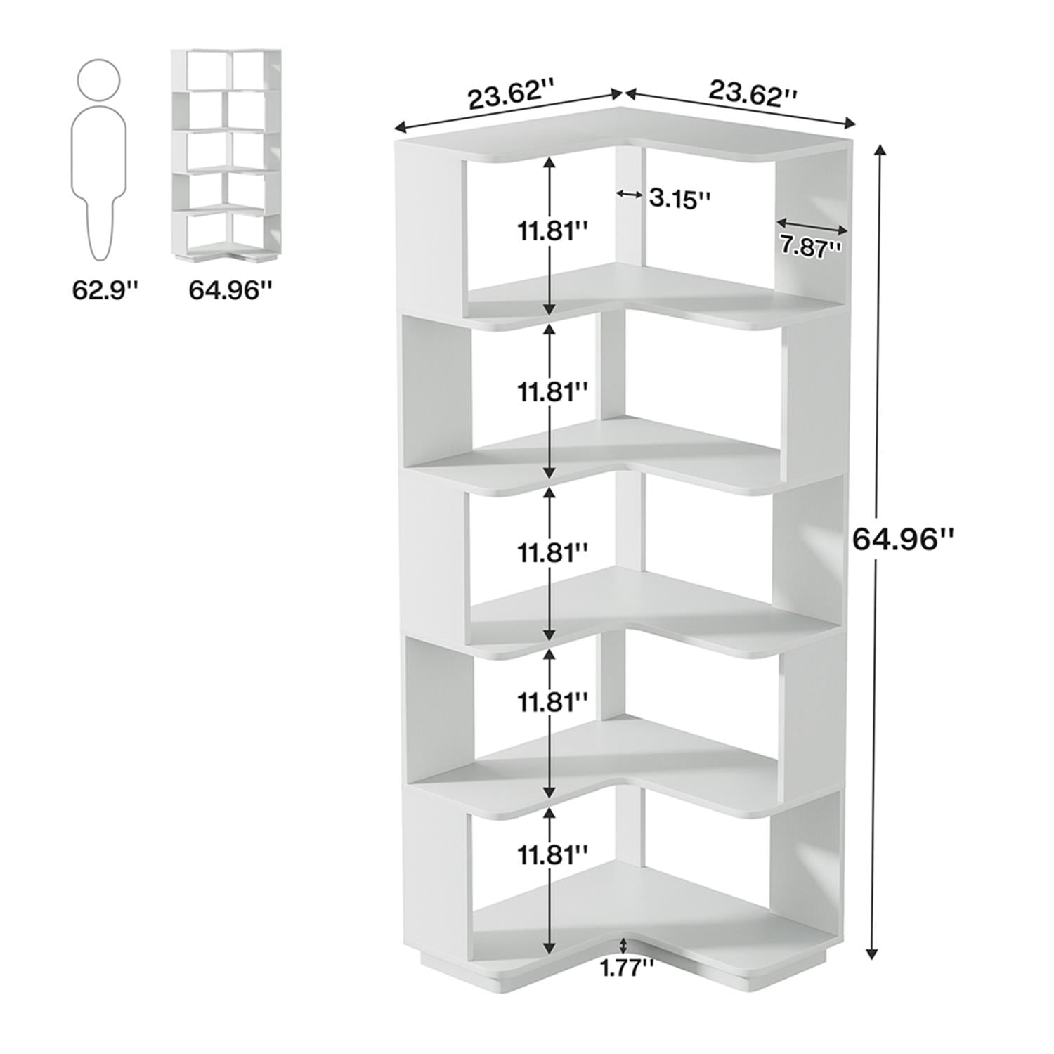 Demi Bonn 6 Tier Bookshelf with Anti-Drop Panel, Corner Bookcase Storage Organizer, 64" Tall Display Standing Shelf Unit for Bedroom, Living Room, Light Grey