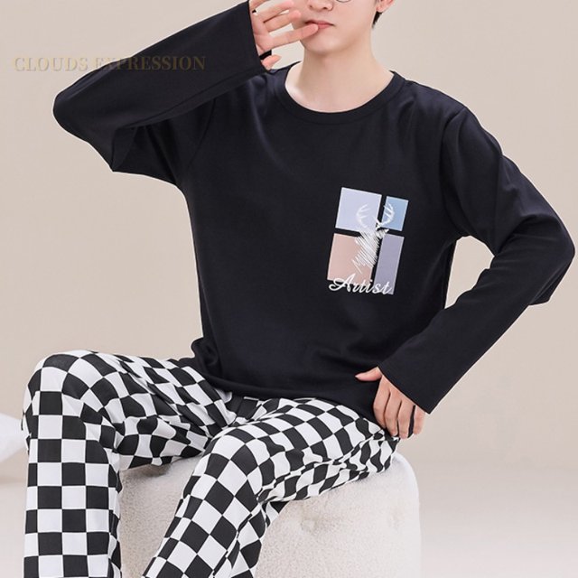 Printemps Automne Plus 5TG Pyjama Tricoté pour Hommes à Carreaux Ensembles de Pyjamas Décontractés Mode Nuit