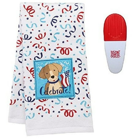Chip Clip Set - Americana Dog Patch Flag Kitchen Towel and Chip Clip Gift Set, Independence Day