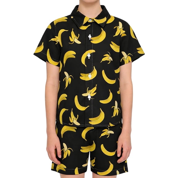 VNKIDY Boys 2 Piece Outfit Kids Banana Prints Short Sleeve Button Front Lapel Shirt Loose Fit Shorts For Summer Daily Wear Soft Set