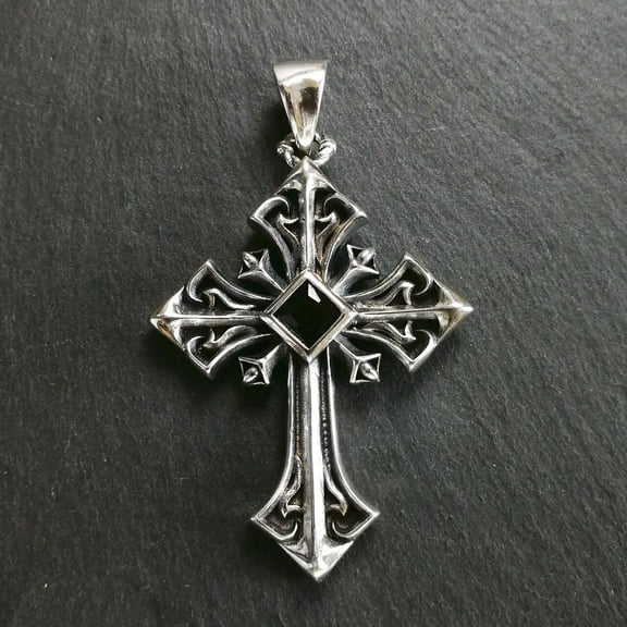 Hitanshu Jewels 925 Sterling Silver Ornate Scroll 2" Cross Pendant with Black CZ Center