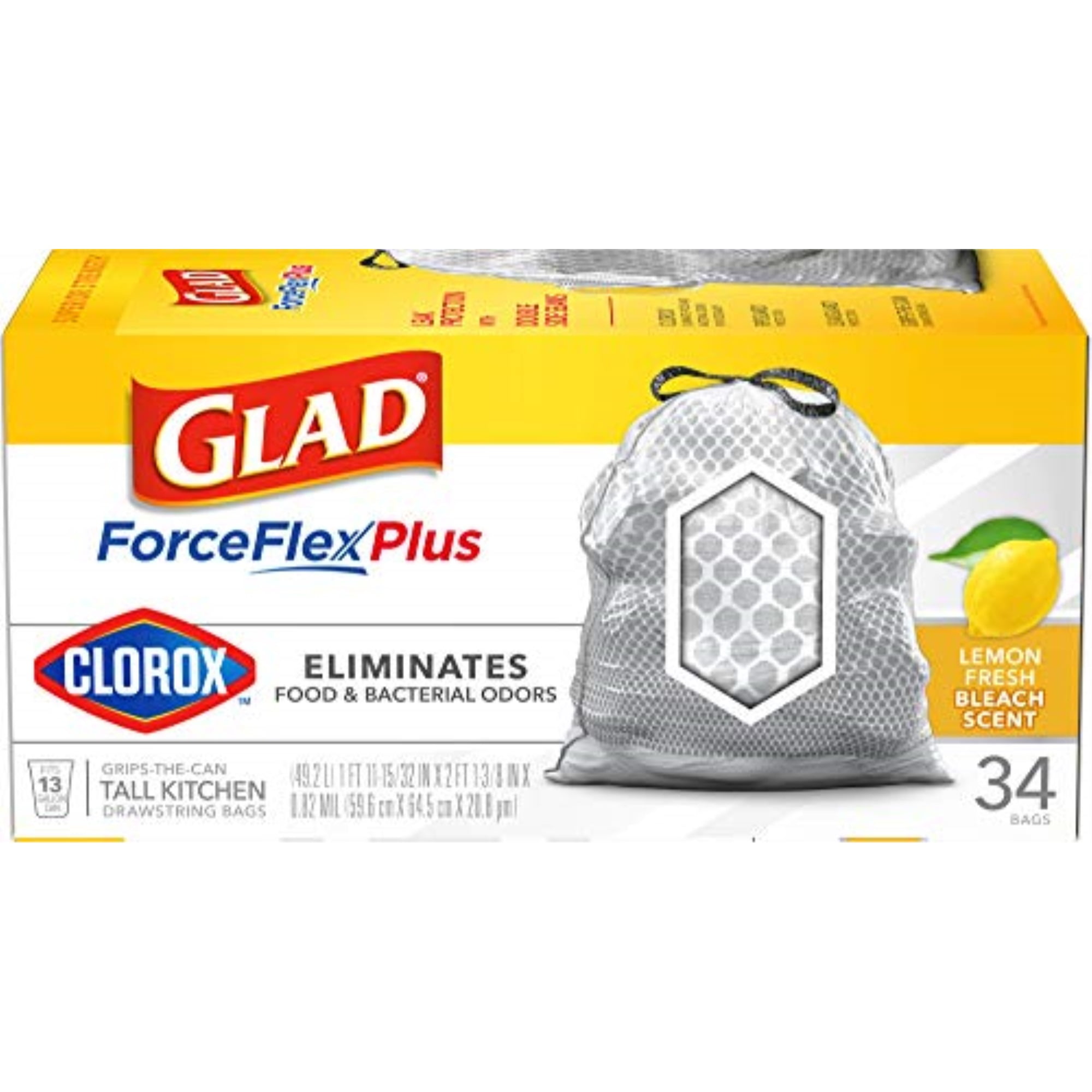 Glad ForceFlexPlus Lemon Fresh Bleach Scent Tall Kitchen Drawstring Bags, 34 count