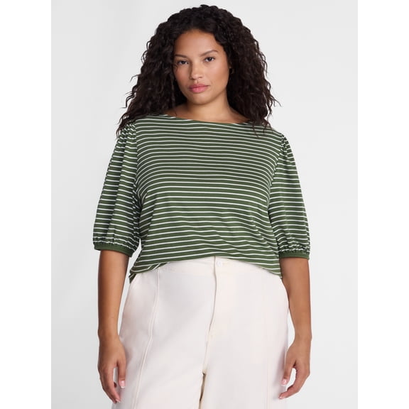 Terra & Sky Women’s Plus Dropped Shoulder Top with Elbow Length Puff Sleeves, Sizes 0X-5X