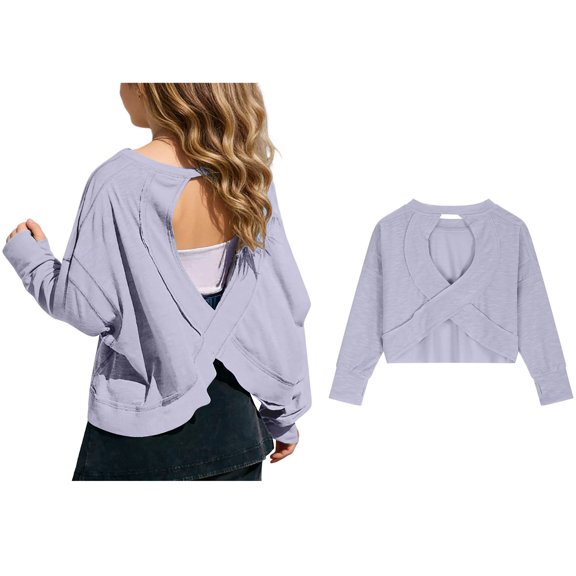 Girl's Open Back Backless Tops Long Sleeve T Shirts Crewneck Casual Tees Summer Shirts 11-12 years