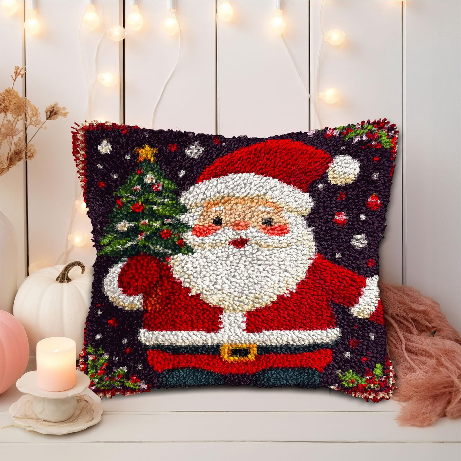 DIY Latch Hook Pillow Kits Cartoon Santa Claus Holding Christmas Tree Printed Pillowcase Crochet Yarns Hooking Handmade Pillow Cover Cushion for Home Sofa Decoration 17x17inch-3