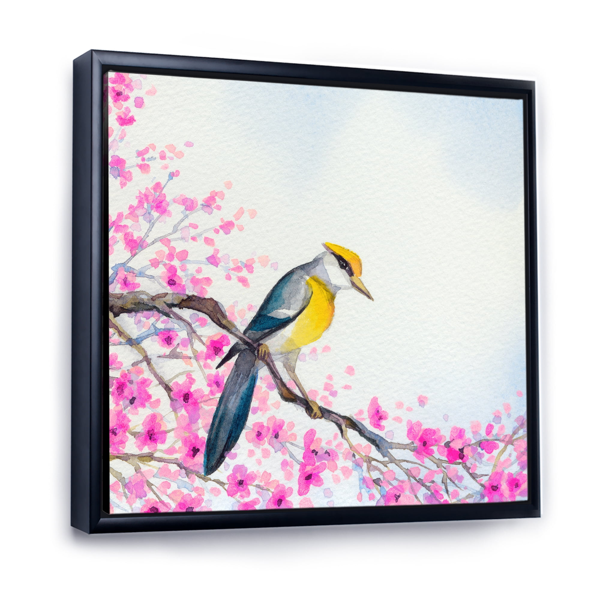 Designart 'Beautiful Bird Sitting On Flowering Branch' Traditional Framed Canvas Wall Art Print