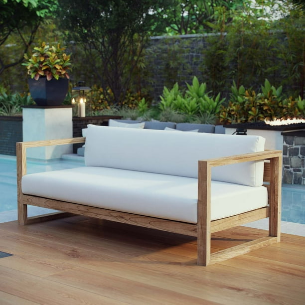 Modway Upland Outdoor Patio Teak Sofa In Natural White Walmart