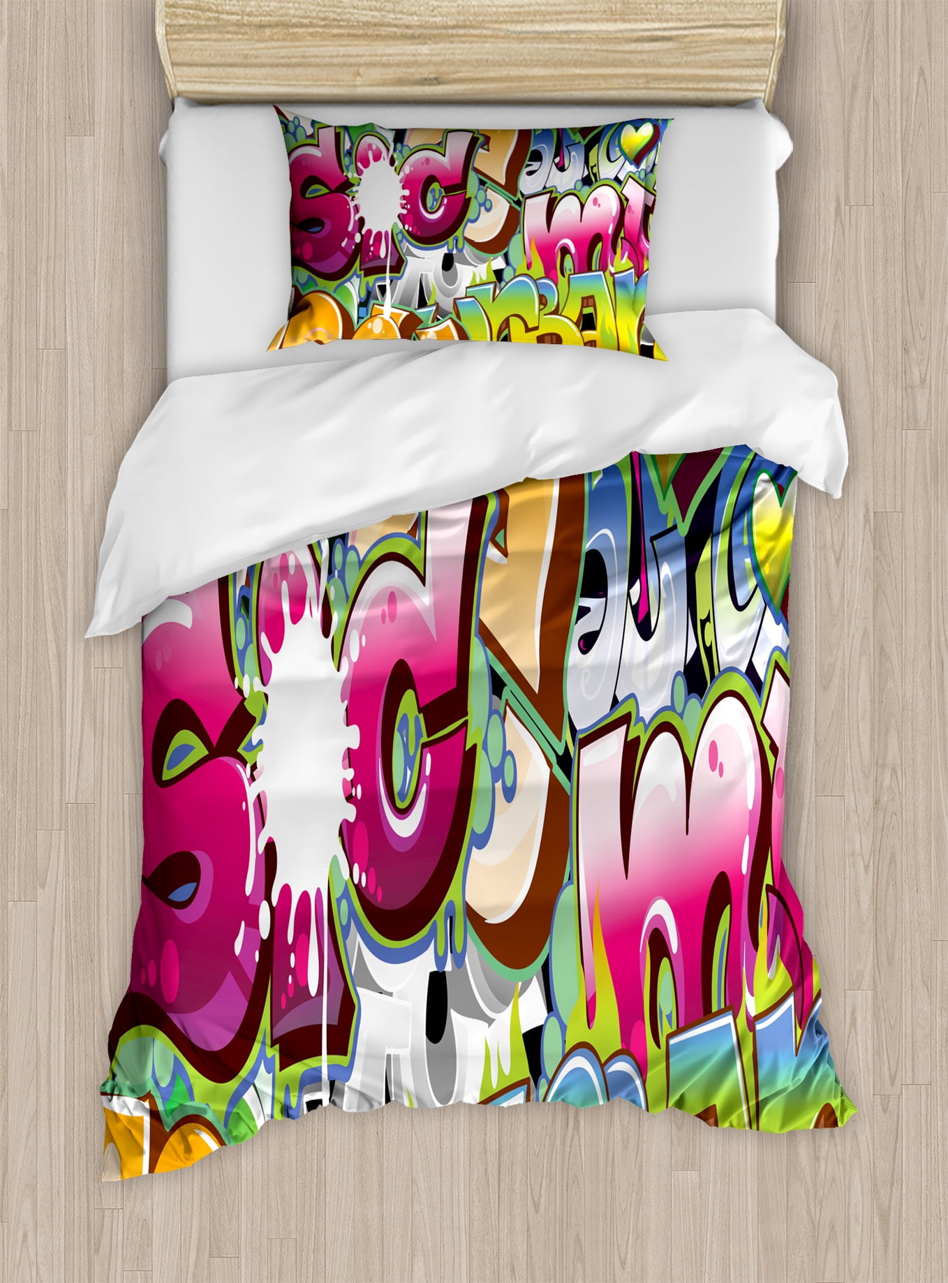 Urban Graffiti Twin Size Duvet Cover Set, Throwie Style Wall Graffiti