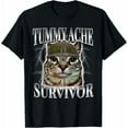 thumbnail image 1 of Camiseta de gato con humor sarcástico - "Superviviente de dolor de estómago" con diseño de gato militar. 100 % algodón, corte holgado, unisex. Lavable a máquina. Camiseta de gato. Ropa para todas las, 1 of 5
