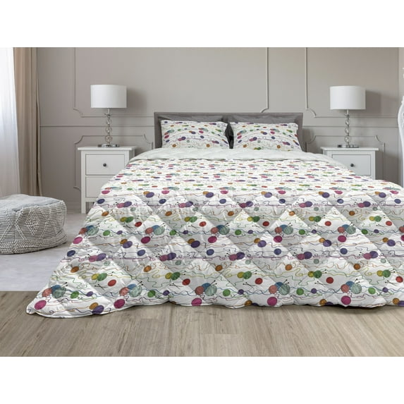 Colorful Comforter & Sham Bedding Set, Knitting Balls Crochet Hand Crafts Stitch Yarn Hobby Theme Illustration, 3 pcs Duvet Set Microfiber Filling Quilt, 5 Sizes, Multicolor, by Ambesonne
