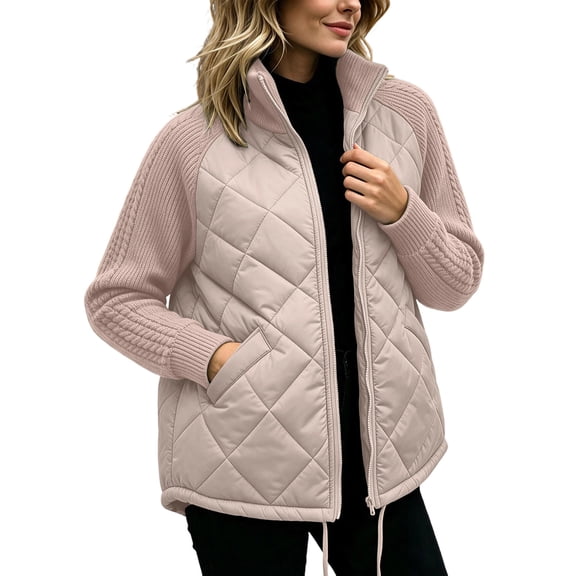 vdgthytj Puffer Jacket Women Full Zip Stand Collar Cable Knit Long Sleeve Patchwork Fall Winter Casual Quilted Outerwear with Pockets(X-Large,Khaki)