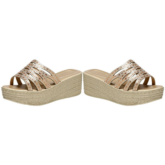 DINHEAROM Sandals for Women Dressy Slides Golden Pu Leather 1 Pair 8US