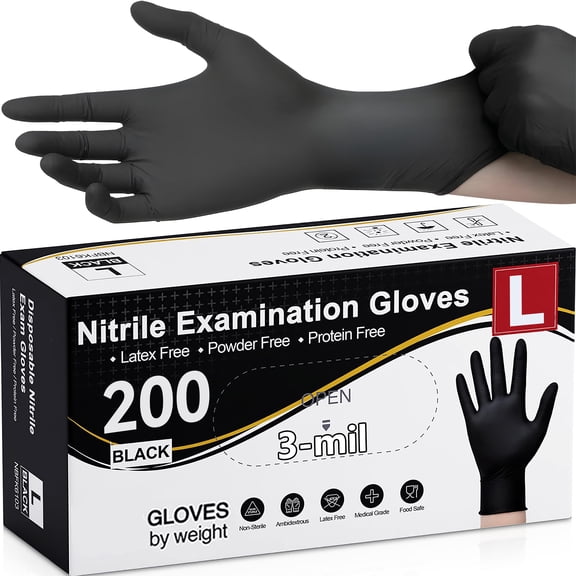 Greenpod 200PCS Vinyl Synthetic Exam Gloves, 4 Mil, Latex Free Disposable Gloves for Medical, Cooking, Cleaning, and Food Prep(L-Black)
