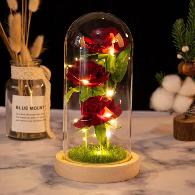 Rosa eterna de cristal rosa artificial con luz LED en cúpula de cristal, regalo de decoración romántica para el día de la madre, día de San Valentín, aniversario, cumpleaños, boda, Navidad ( JFHHH pequeña