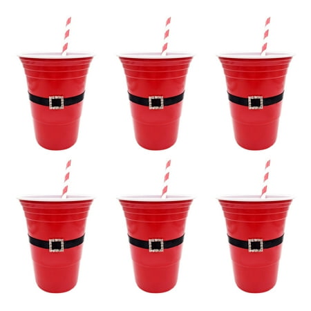 

12pcs Christmas Plastic Cups Santa Belt Pattern Home Beverage Drinking Cup Holiday Party Tableware and Party Supplies (Cups and
