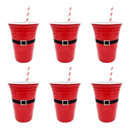 

12pcs Christmas Plastic Cups Santa Belt Pattern Home Beverage Drinking Cup Holiday Party Tableware and Party Supplies (Cups and